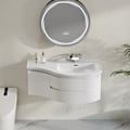 Floating Curved Bathroom Vanity in White & Round LED Medicine Cabinet Set Right Offset