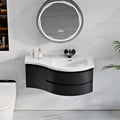 Floating Curved Bathroom Vanity in Black & Round LED Medicine Cabinet Set Right Offset