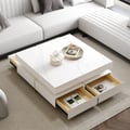 White Modern Square Coffee Table with Drawers Sintered Stone Top & Metal Legs