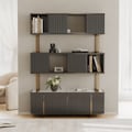 Glossy Black Sliding Door Etagere Bookshelf 5-Shelf Tall Book Shelf Rich Storage-170cm