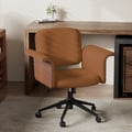 Wood & Faux Leather Office Chair - Ergonomic Adjustable Swivel (Brown)