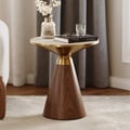 Round Walnut End Table with Travertine Top