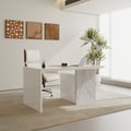 60" Modern MDF & Marble Veneer Desk & Off White Home Office Chair Set High Back