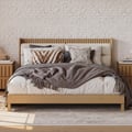Modern Natural King Size Solid Wood Bed with Boucle Headboard Pillows