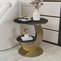 20" Round Sintered Stone 2-Tier  Black & Gold Moon-Shaped Side Table