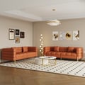 Aurora 2010mm Performance Leather Fluted Sofa with Gold Legs & Pillows Set of 2