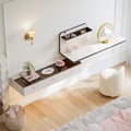 Saddle Leather Floating Makeup Vanity with Tempered Glass Top & Mirror