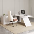 Modern White Large L-Shape Executive Desk with Drawers & Leather Office Desk Chair Set