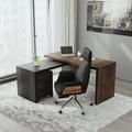 Modern Rotatable L-Shaped Executive Desk & Swivel Black Leather Office Desk Chair Set