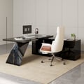 Modern Black L-Shape Executive Desk with Drawers & Swivel Leather Office Desk Chair Set