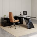 Modern Black L-Shape Executive Desk with Drawers & Black Faux Leather Office Desk Chair