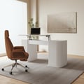 Modern White Standing Computer Desk & Footrest - Ergonomic Leather Office Desk Chair Set