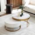 Nesnesis Modern Round Sintered Stone Nesting Wood Coffee Table with Drawers in White