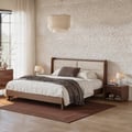 Modern Walnut Queen Size Solid Wood Bed with Boucle Headboard Pillows