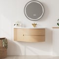 Floating Curved Bathroom Vanity & Round LED Medicine Cabinet Set Right Offset