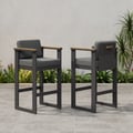 Tevara Outdoor Aluminum Frame & Teak Wood Armrest Bar Stools in Dark Gray, Set of 2
