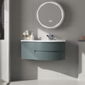 Floating Curved Bathroom Vanity & Round LED Medicine Cabinet Set Right Offset