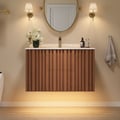 Aura 36" Bathroom Vanity with Light Ash Wood Slatted Panels Faux Travertine Top
