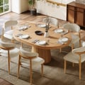 Mesa de Jantar de Madeira Extensível Japandi 99-140 cm Redonda a Oval Natural, Acomoda 4-6 Pessoas