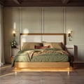 King Solid Wood Bed with Leather Extended Headboard & Floating Smart Nightstand Set