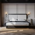 King Solid Wood Bed with Leather Extended Headboard & Floating Smart Nightstand Set
