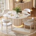 Table à manger ronde Aura de 119 cm en pierre frittée imitation travertin blanchie, base cannelée, 4 places