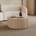 Aura 35" Round Washed White Slatted Sintered Stone Coffee Table with 2 Drawers