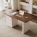 Modern 63” Rectangular Walnut Wood Desk with charging station & storage