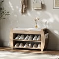 Banc d'entrée de rangement pour chaussures en placage de bois blanchi de 32 pouces avec porte-chaussures