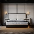 Letto matrimoniale in legno massello con testiera estesa in pelle e set di comodini intelligenti fluttuanti