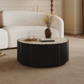 Aura 35" Round Black Slatted Sintered Stone Coffee Table with 2 Drawers