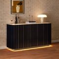 Aura 60" Black Faux Travertine Sideboard with Ash Wood Slatted Doors & LED Light
