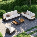 Tevara 6-Person Outdoor Sofa Set with Wood & Aluminum Frame, Dark Gray & Warm White