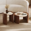 2 Piece Set Walnut Round Coffee Table with Travertine Top (20" - 28")