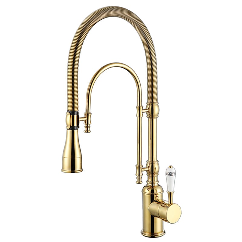 Robinet de Cuisine Rétractable High Arc Or en Laiton Massif image de fenêtre