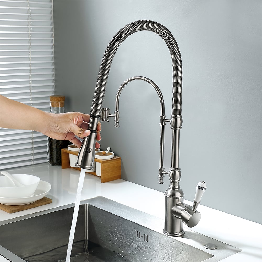Robinet de Cuisine Rétractable High Arc Nickel Brossé en Laiton Massif image de fenêtre