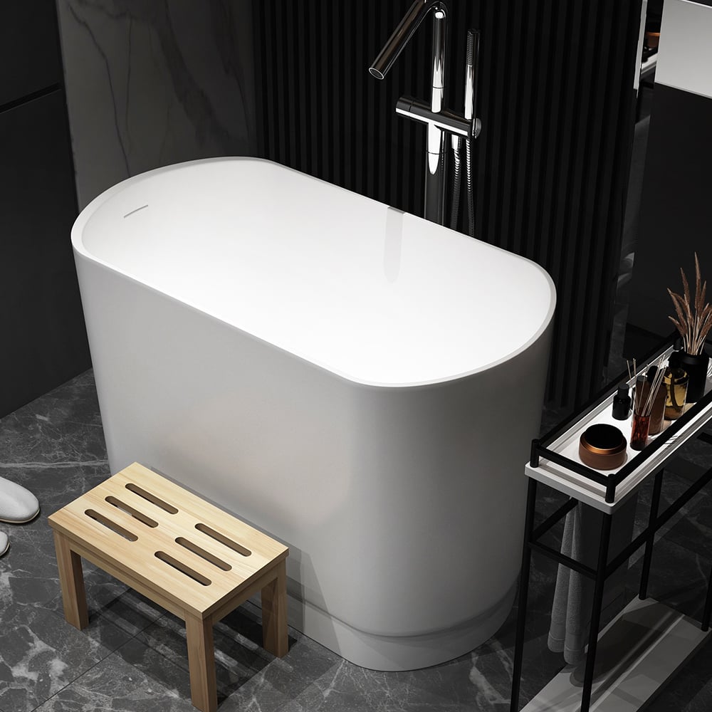 1000mm moderne profond ovale autoportant en résine de pierre blanche mate bain de trempage japonais image de fenêtre