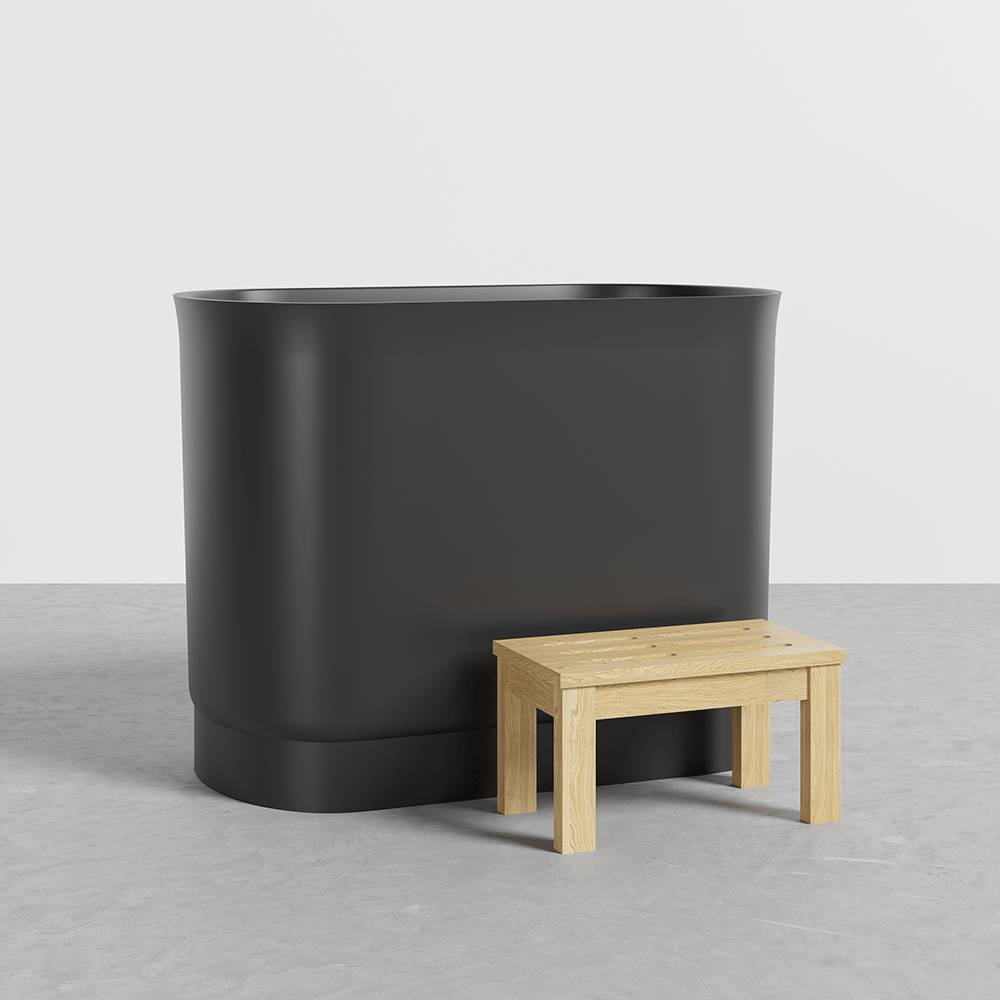 1000mm Baignoire Japonais en Résine de Pierre Noire Mate Ovale Profonde image de fenêtre