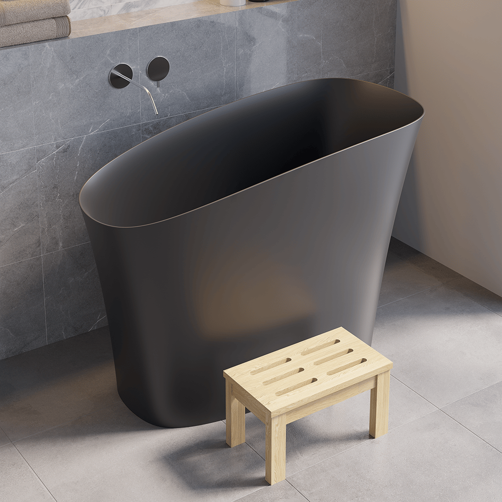 Baignoire 120 cm en résine de pierre noire avec siège ergonomique intégré image de fenêtre