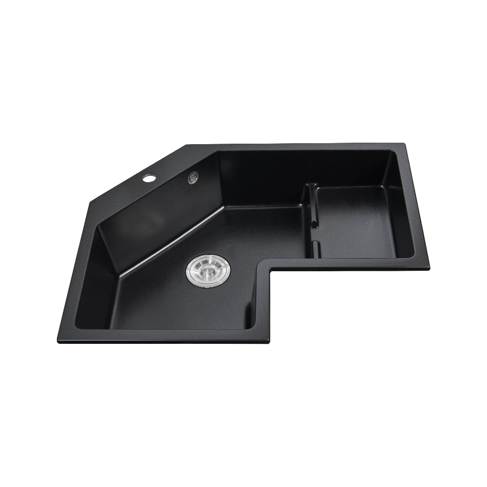 Évier de cuisine d'angle noir moderne de 800 mm à cuve unique, évier à gauche irrégulier en quartz image de fenêtre