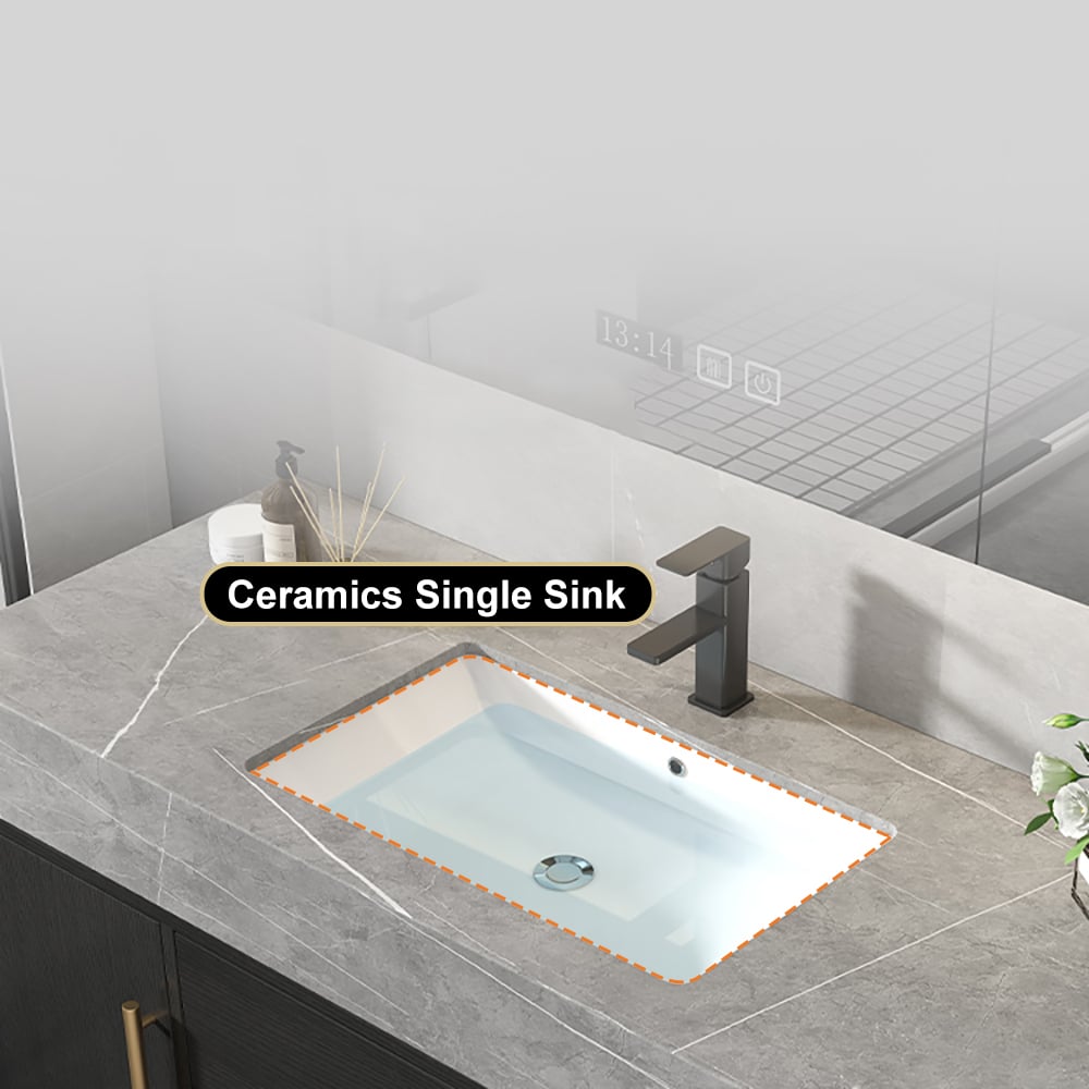 Meuble-lavabo simple mural moderne noir de 99 cm avec plateau en pierre frittée et évier image de fenêtre