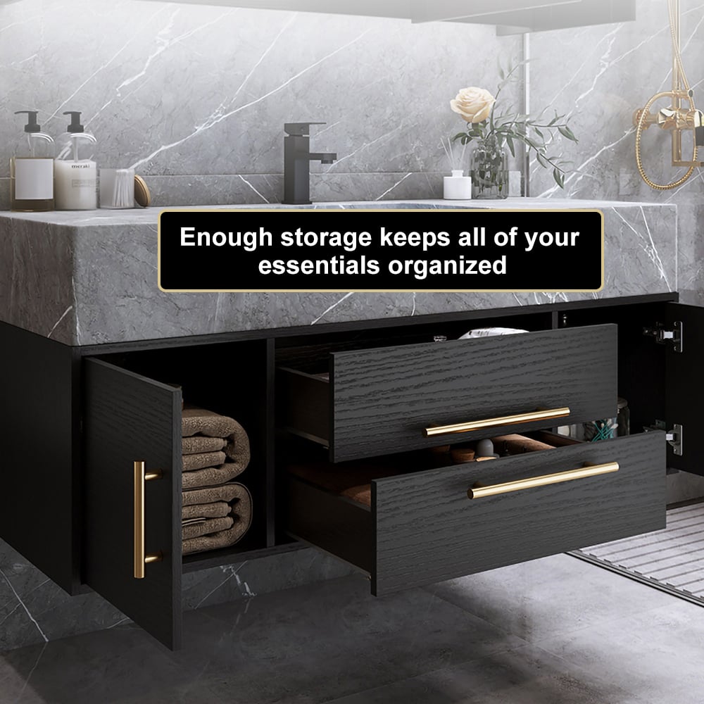 Meuble-lavabo simple mural moderne noir de 99 cm avec plateau en pierre frittée et évier image de fenêtre