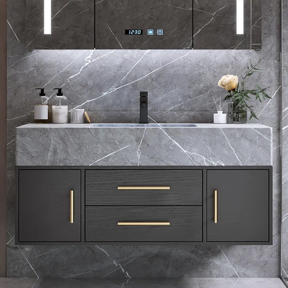 Meuble-lavabo simple mural moderne noir de 99 cm avec plateau en pierre frittée et évier image de fenêtre