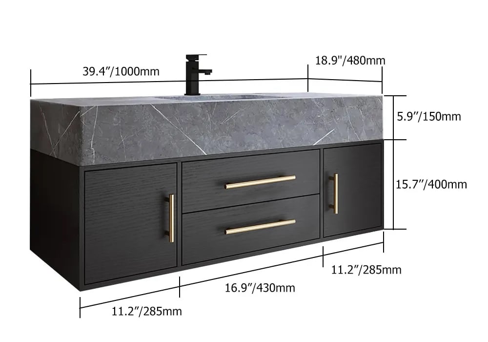 Ensemble meuble de salle de bain suspendu noir 100cm avec armoire de toilette LED Poids, dimensions, image