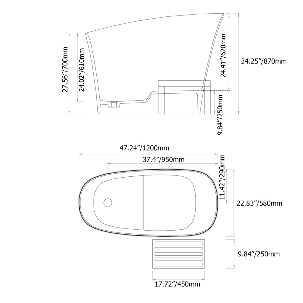 Baignoire 120 cm en résine de pierre noire avec siège ergonomique intégré Poids, dimensions, image
