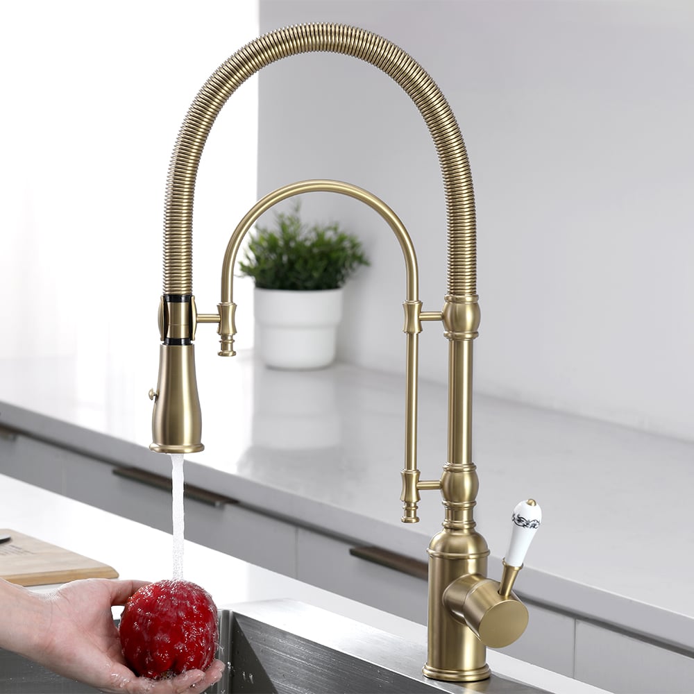 Robinet de Cuisine Rétractable High Arc Or Brossé en Laiton Massif image de fenêtre