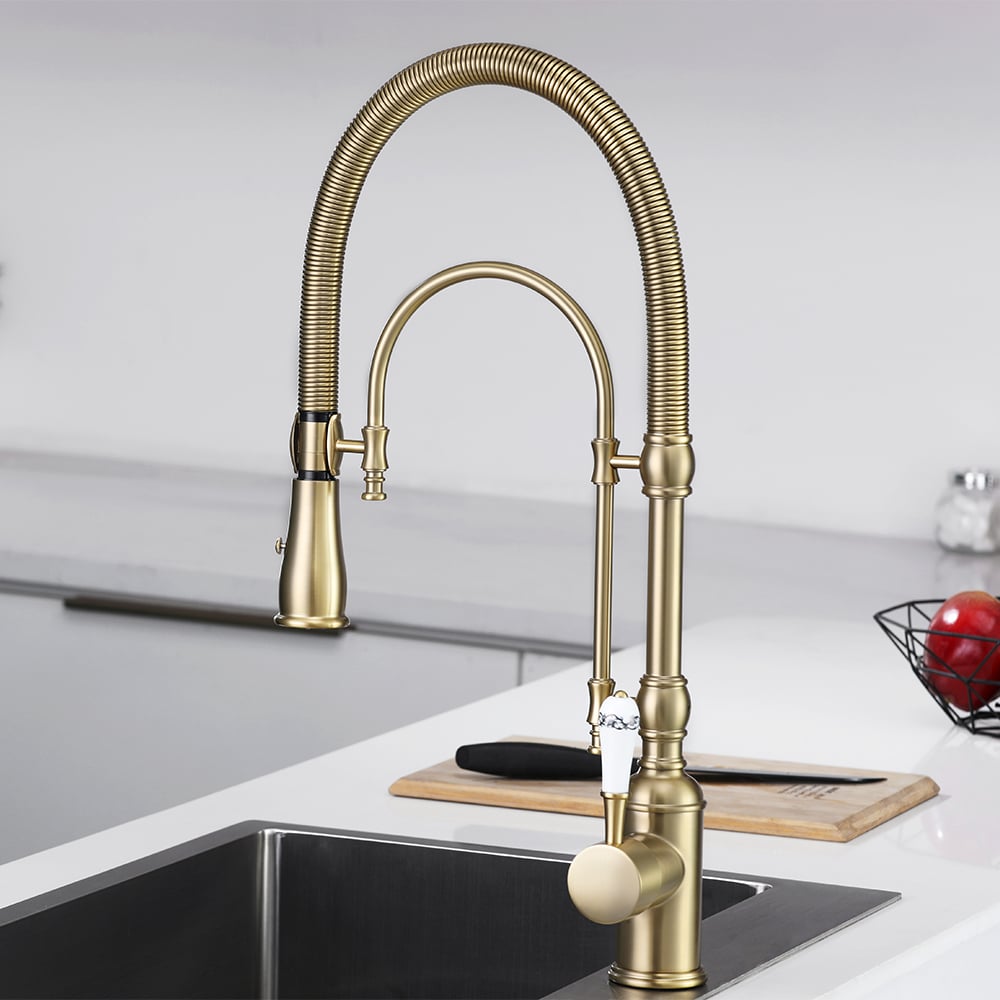 Robinet de Cuisine Rétractable High Arc Or Brossé en Laiton Massif image de fenêtre