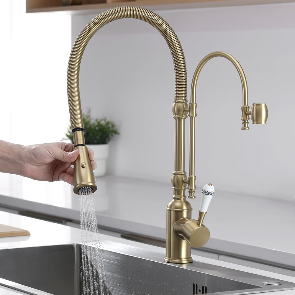 Robinet de Cuisine Rétractable High Arc Or Brossé en Laiton Massif image de fenêtre