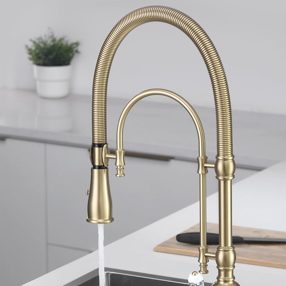 Robinet de Cuisine Rétractable High Arc Or Brossé en Laiton Massif image de fenêtre