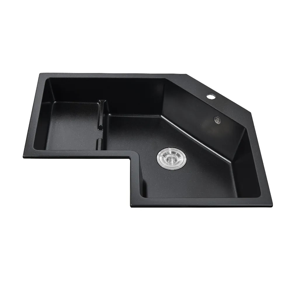 Évier de cuisine d'angle noir moderne de 800 mm à cuve unique, évier à gauche irrégulier en quartz image de fenêtre